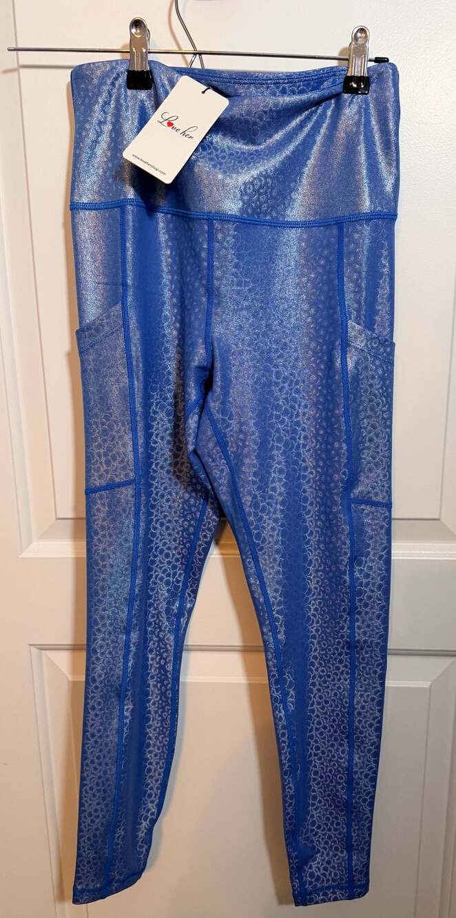 NWT Love Her Boutique Blue Mermaid Metallic Shimmer Pocket Leggings Girls Medium